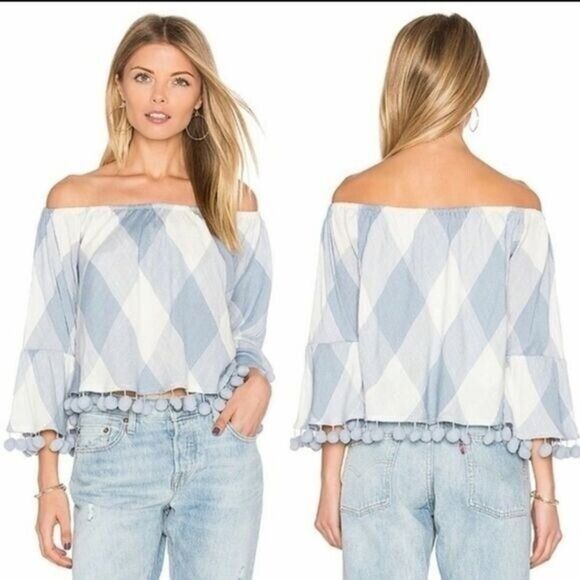 Tularosa Alexa Plaid Off the Shoulder Viscose Top in Cottage Blue, Size Small - Picture 1 of 10